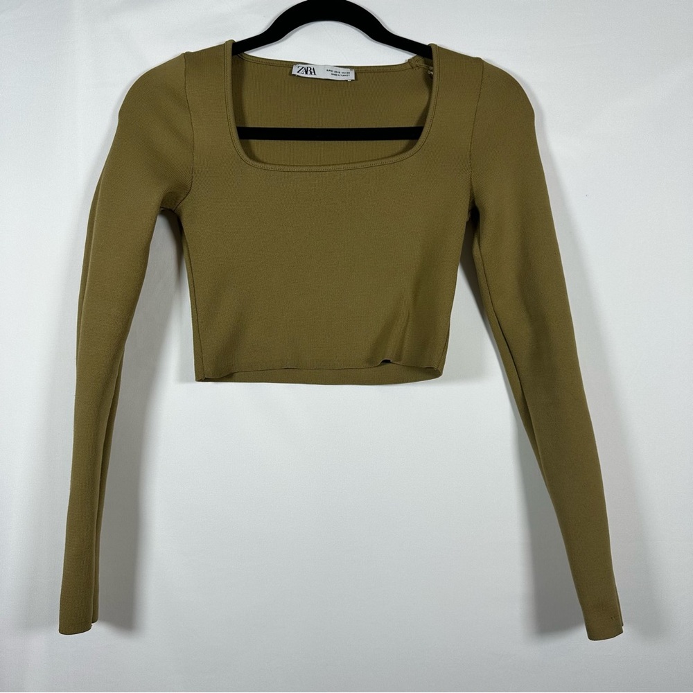 Zara Olive Long Sleeve Crop Top Sz Small